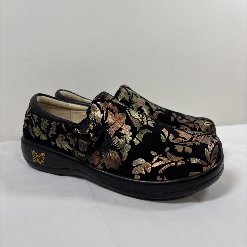 Alegria Lauryn Floral Metallic Suede 38 Clogs Black Bronze Green KAR-557X Slip O